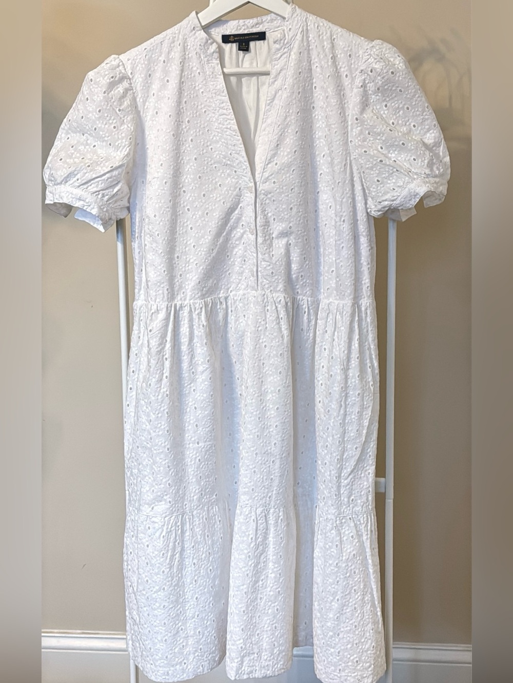Brooks Brothers White Eyelet Midi Dress with Puff Sleeves